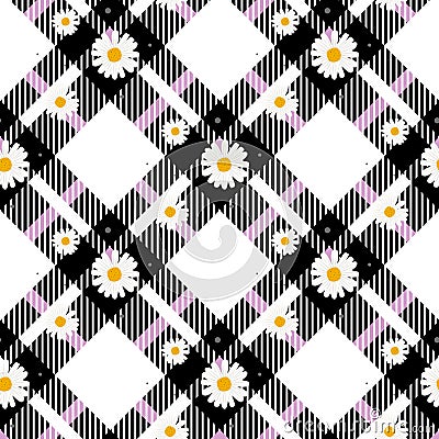 Chamomile seamless pattern. Daisies on retro white an d black Gingham Check background. Vector illustration. Vector Illustration