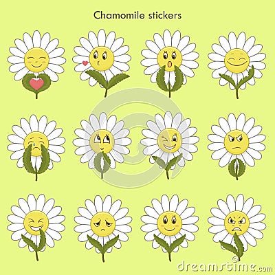 Chamomile stickers with emotions: love, kiss... Vector Illustration