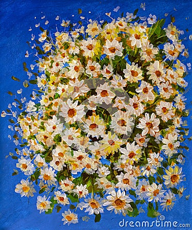 Chamomile white wildflowers on a blue background Stock Photo