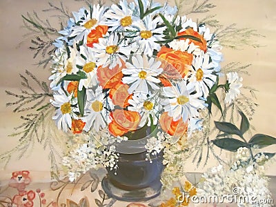 Chamomiles and orange flowers in vase painting. Stock Photo