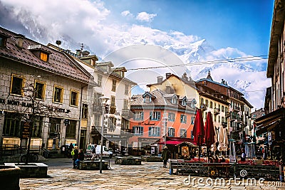 Chamonix, France - 4 April2019- Cityscape with Chamonix village - mountain ski resort in the Alps and view of Mont Blanc Editorial Stock Photo