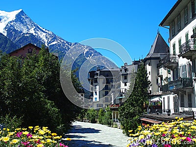 CHAMONIX MONT BLANC village with high alpine mountains range landscape in french ALPS Stock Photo