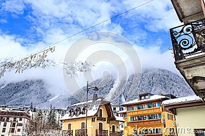 Chamonix town with snowy mountains on the background. Stock Photo