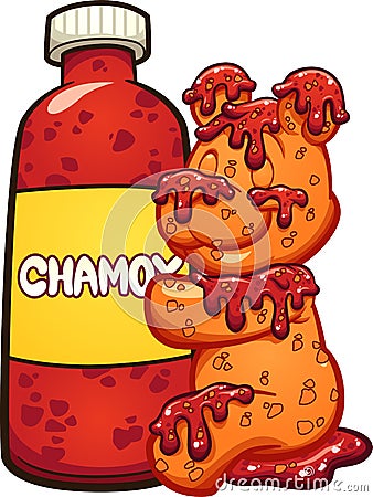 Gummy bear hugging a bottle of chamoy sauce Vector Illustration