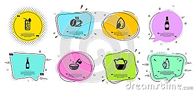 Champagne, Beer bottle and Water glass icons set. Water drop, Milk jug and Coffee cup signs. Vector Vector Illustration