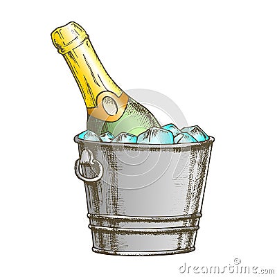 Champagne Bottle In Bucketful With Ice Color Vector Vector Illustration