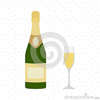 Champagne bottle with champagne glass. Vector icons. Cheers. Celebration. Holiday toast. Vector Illustration