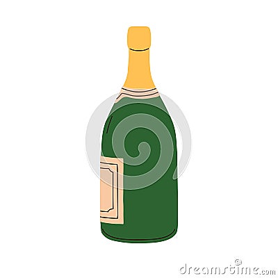 Champagne bottle. Corked champaign. Fizzy wine, French alcohol. Closed alcoholic beverage. Sparkling champer. Flat Vector Illustration