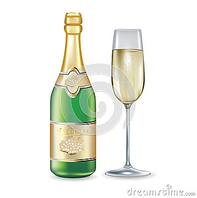 Champagne bottle and glass on white Vector Illustration