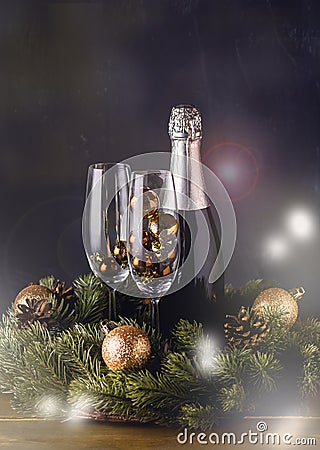 Champagne Bottle with Glasses with Decoration Wooden Background Christmas New Year Holidays Card New Year Background Vertical Tone Stock Photo