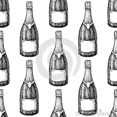 Champagne bottle seamless pattern. Hand drawn isolated vector illustration. Alcohol Vector Illustration