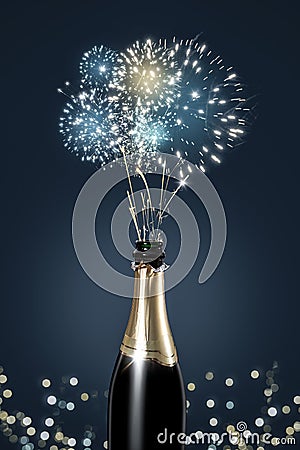 Champagne bottle shooting a display of fireworks Stock Photo