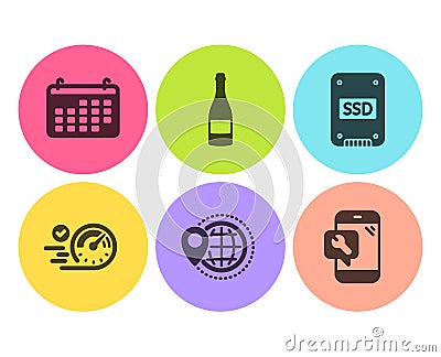 Champagne bottle, Ssd and World travel icons set. Speedometer, Calendar and Phone repair signs. Vector Vector Illustration