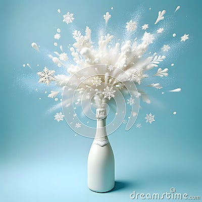 Champagne bottle with white snowflakes flying from inside on blue background Stock Photo