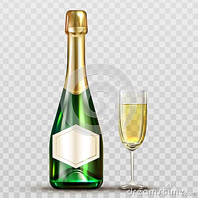 Champagne bottle and wineglass isolated clip art Vector Illustration