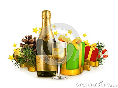 Champagne bottle and winter holidays gifts Vector Illustration