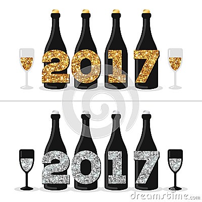 Champagne Bottles with Glittering 2017 Numbers Cartoon Illustration