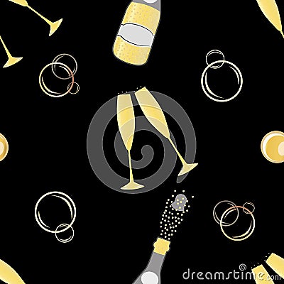 Champagne bubbles vector seamless pattern background. Hand drawn bottles, glasses, fizzy drink black gold backdrop Vector Illustration