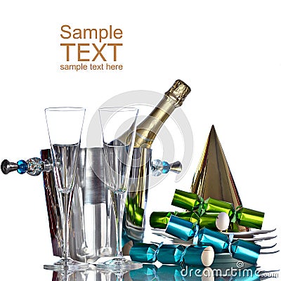 Champagne In Bucket, Hat, Green & Blue Crackers Stock Photo