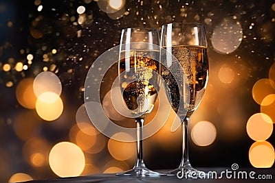 Champagne Celebration Against Firework Extravaganza. Stock Photo
