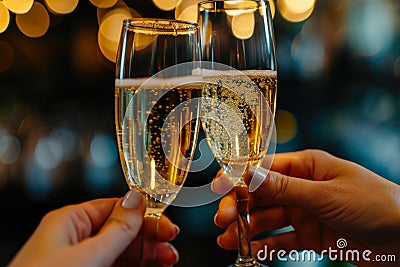 Champagne Celebration: Close-Up Clinking Glasses. Stock Photo