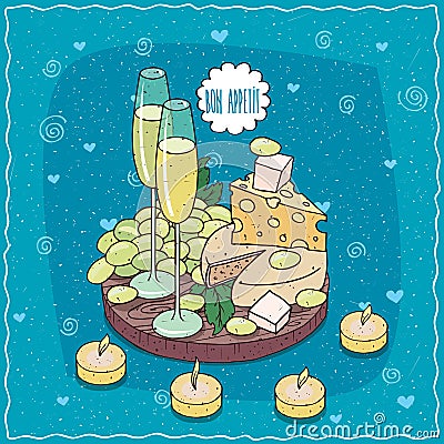 Champagne or cider and grapes and cheese Vector Illustration