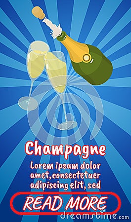 Champagne concept banner, comics isometric style Vector Illustration
