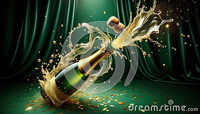 Champagne cork flying from bottle with splash,droplet and sparkle against a green background. Festive concept Stock Photo