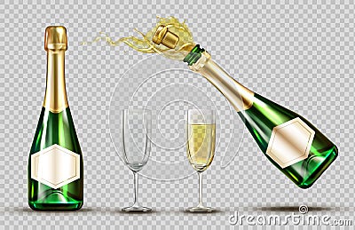 Champagne explosion bottle and wineglasses set Vector Illustration