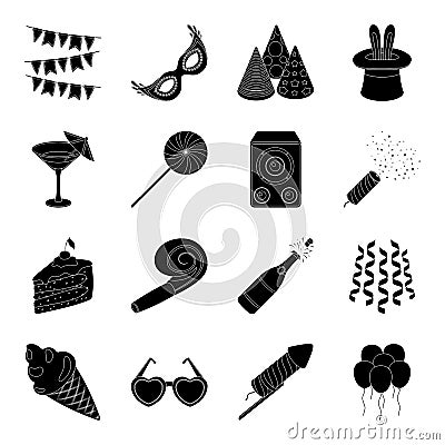 Champagne, firecrackers, cake items for the holiday.Party And Parties set collection icons in black style vector symbol Vector Illustration