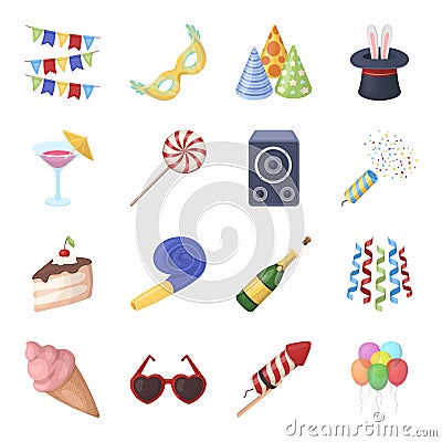 Champagne, firecrackers, cake items for the holiday.Party And Parties set collection icons in cartoon style vector Vector Illustration