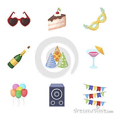 Champagne, firecrackers, cake items for the holiday.Party And Parties set collection icons in cartoon style vector Vector Illustration