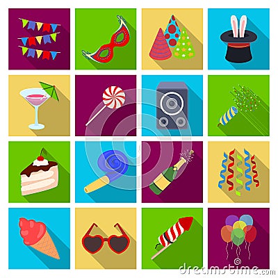 Champagne, firecrackers, cake items for the holiday.Party And Parties set collection icons in flat style vector symbol Vector Illustration