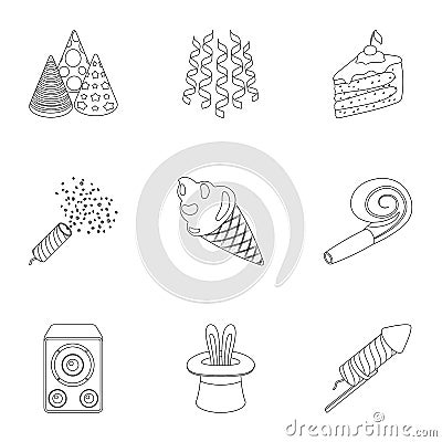 Champagne, firecrackers, cake items for the holiday.Party And Parties set collection icons in outline style vector Vector Illustration