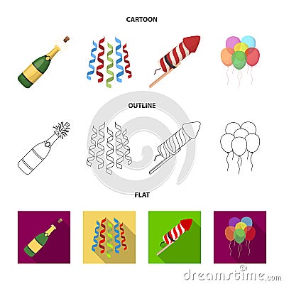 Champagne, fireworks and other accessories at the party.Party and partits set collection icons in cartoon,outline,flat Vector Illustration