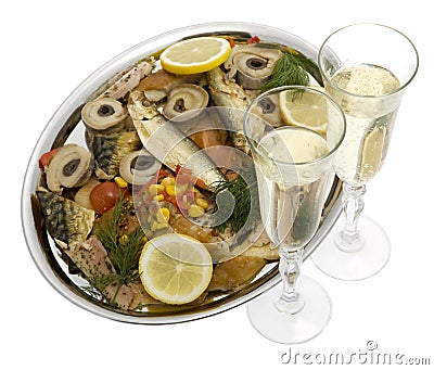 Champagne with fish plate Stock Photo