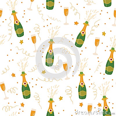 Champagne flutes and bottles vector seamless pattern background. Hand drawn illustration of champagne explosion and champagne Vector Illustration