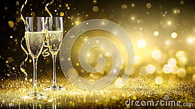 Champagne Flutes In Golden Sparkle Background Stock Photo