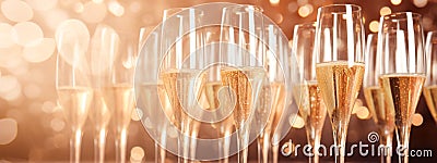 Champagne flutes with sparkling wine on golden bokeh lights backdrop. Peach fuzz Color of Year 2024 Stock Photo