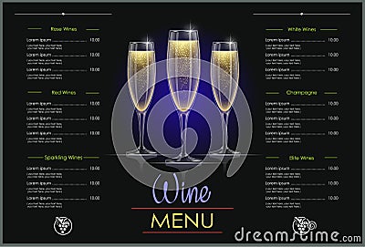 Champagne glass. Concept design for wines menu Vector Illustration