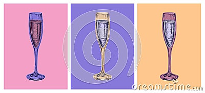 Champagne Glass Hand Drawing Vector Illustration Alcoholic Drink. Pop Art Style Vector Illustration