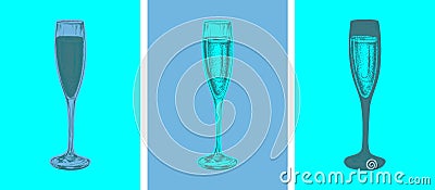 Champagne Glass Hand Drawing Vector Illustration Alcoholic Drink. Pop Art Style Vector Illustration