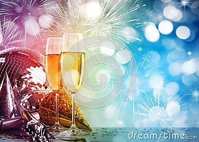 Champagne glasses against New Years background Stock Photo