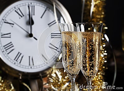 Champagne Glasses Clock Midnight Stock Photo