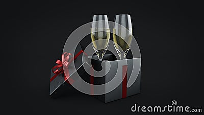 Champagne glasses and gifts ready to bring in the new year. Stock Photo