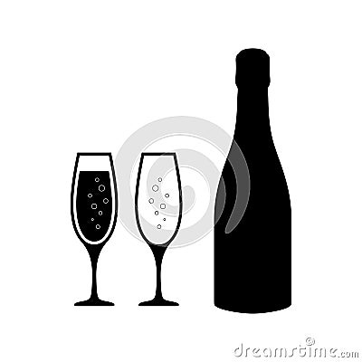 Champagne glasses icons with champagne bottle. Champagne glasses set. Vector Illustration