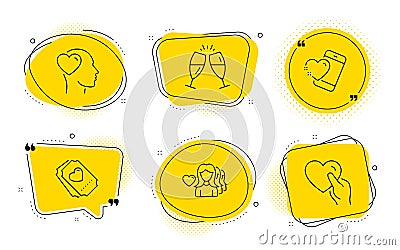 Champagne glasses, Love ticket and Friend icons set. Woman love, Heart and Hold heart signs. Vector Vector Illustration