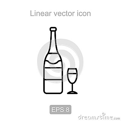 Champagne and goblet. Linear icon. Stock Photo