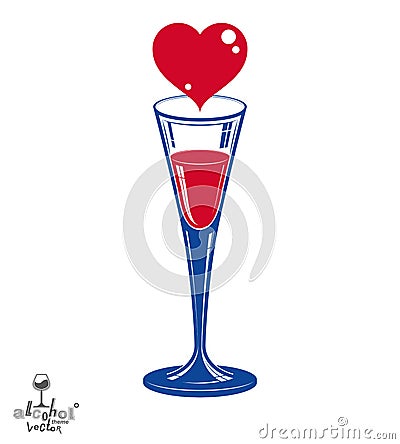 Champagne goblet with red loving heart. Alcohol beverage Vector Illustration