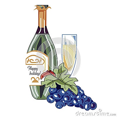 champagne, grapes, glasses, holiday, drink, alcoholic Vector Illustration